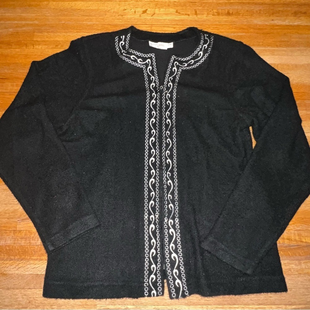 Cathy Daniels Women Medium‎ Black White Knit Embroidered Full Zip Cardigan